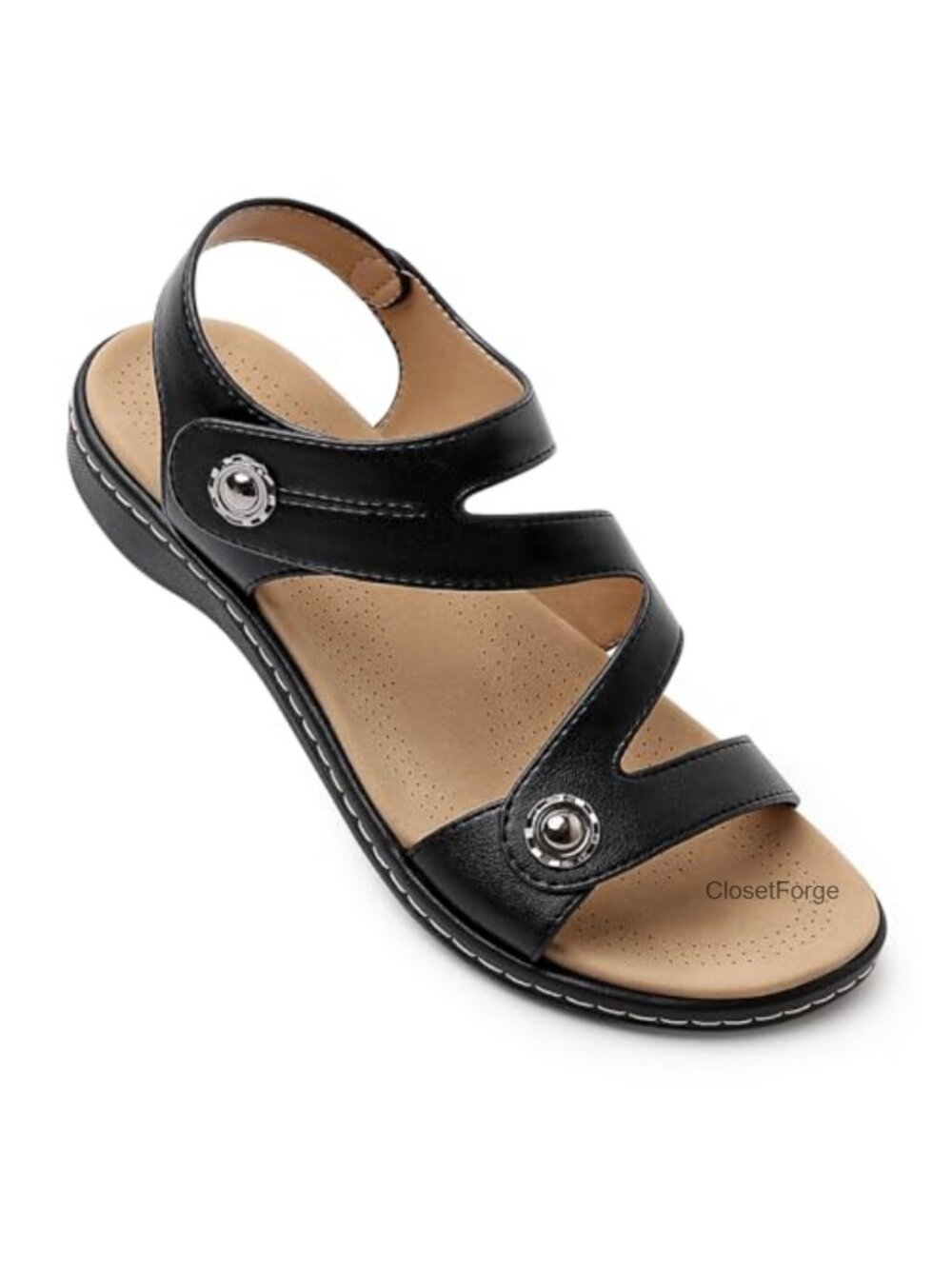 Women's Strappy Flat Sandals with Arch Support, Adjustable Ankle Straps, Faux